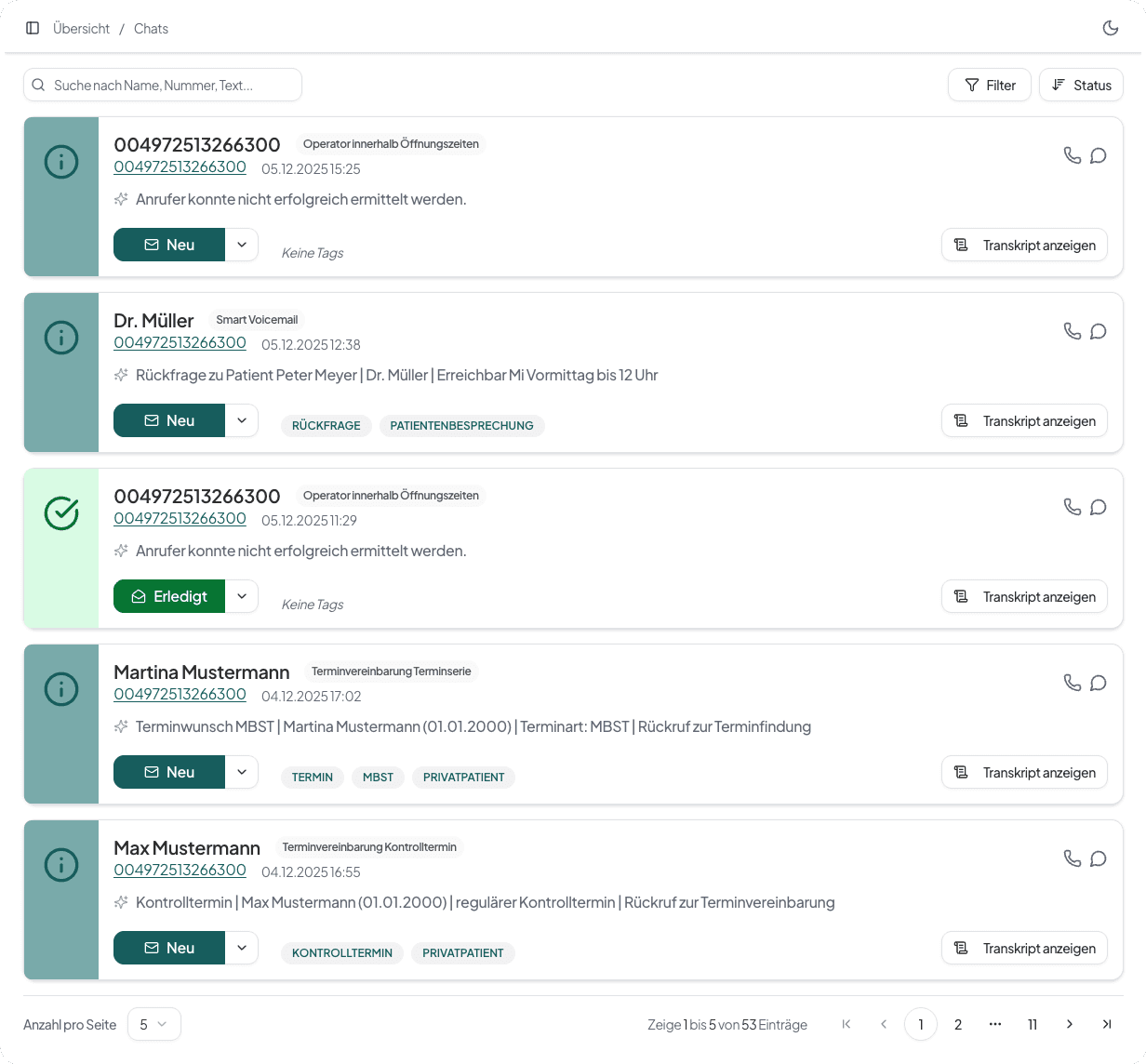 Call-Übersicht mit Status, Tags und Transkript